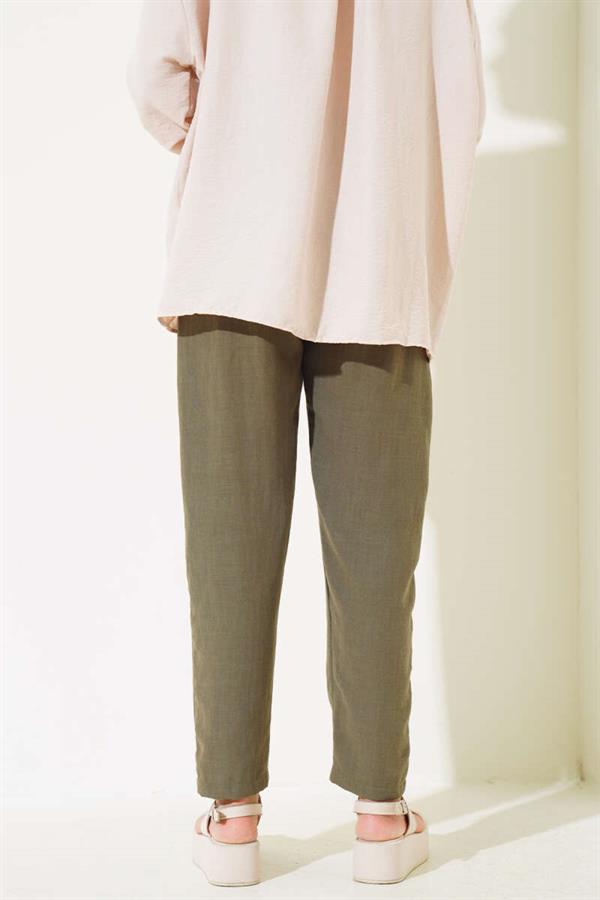 Elastic Waist Linen Trousers Khaki