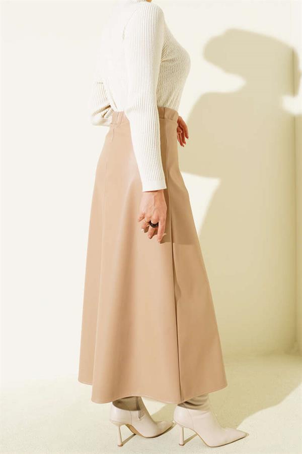 Elastic Waist Flared Basic Leather Skirt Beige