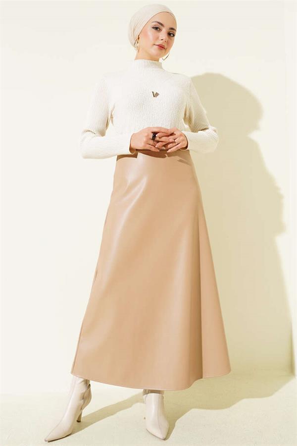 Elastic Waist Flared Basic Leather Skirt Beige
