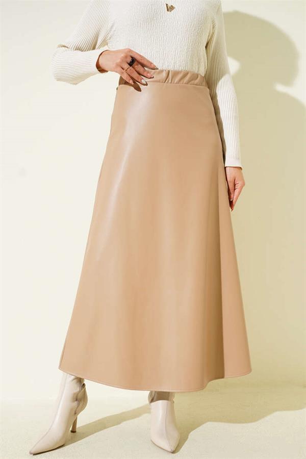 Elastic Waist Flared Basic Leather Skirt Beige