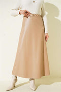Elastic Waist Flared Basic Leather Skirt Beige