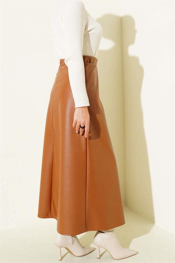 Elastic Waist Flared Basic Leather Skirt Tan