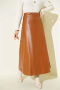 Elastic Waist Flared Basic Leather Skirt Tan
