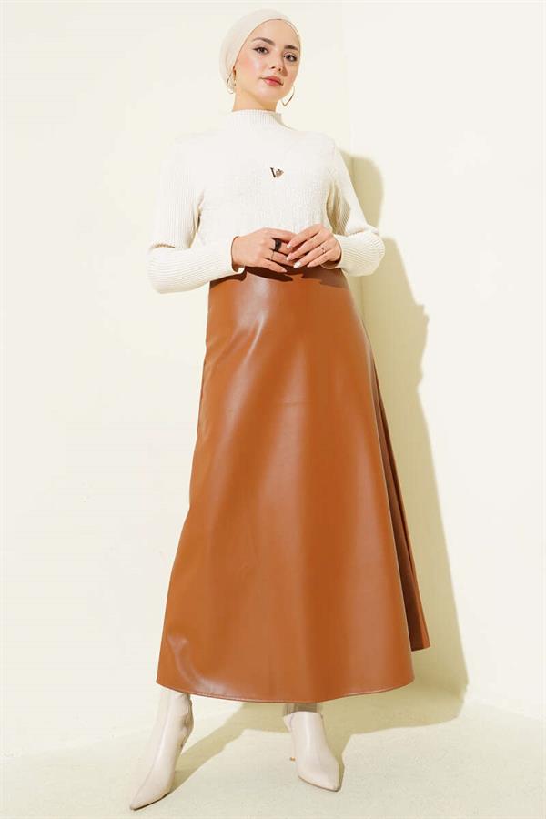 Elastic Waist Flared Basic Leather Skirt Tan