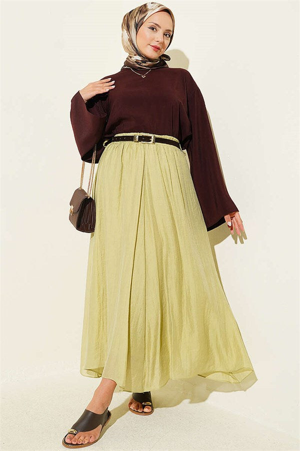 Elastic Waist Flared Skirt in Sage Green