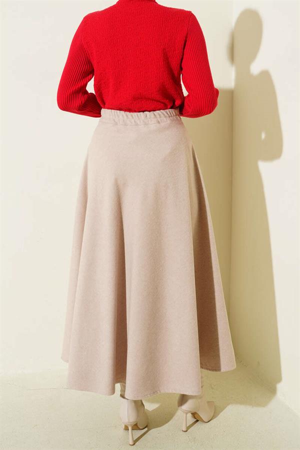Elastic Waist Flared Cashmere Skirt Beige
