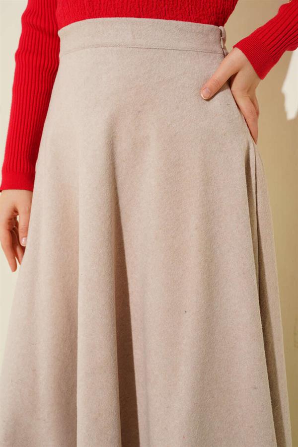 Elastic Waist Flared Cashmere Skirt Beige