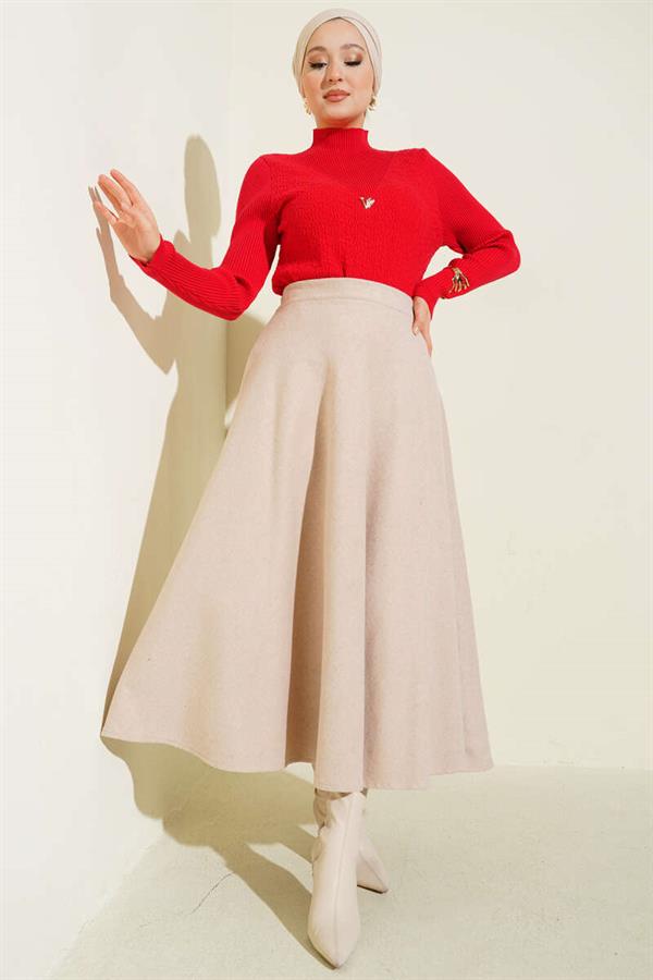 Elastic Waist Flared Cashmere Skirt Beige