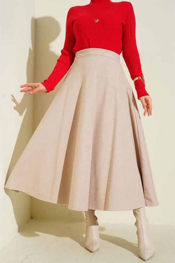 Elastic Waist Flared Cashmere Skirt Beige