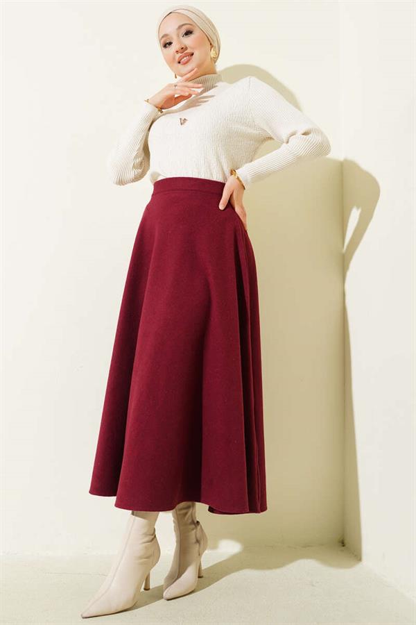 Elastic Waist Flared Cashmere Skirt Burgundy