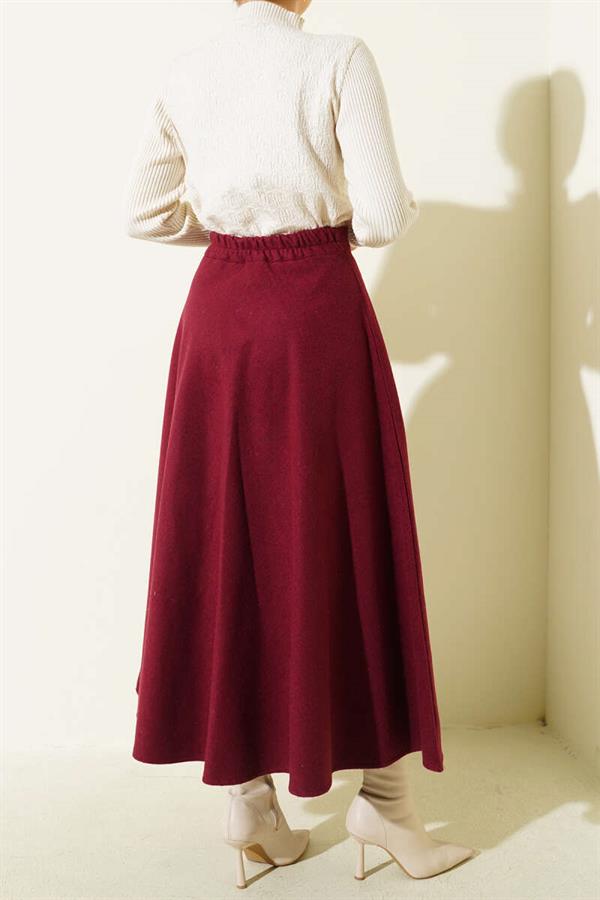 Elastic Waist Flared Cashmere Skirt Burgundy