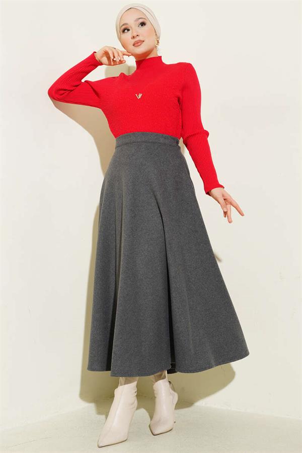 Elastic Waist Flared Cashmere Skirt in Smoke Color