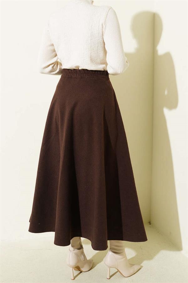 Elastic Waist Flared Cashmere Skirt Brown