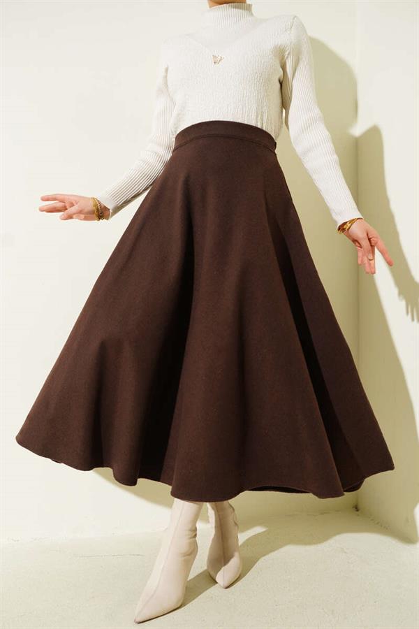 Elastic Waist Flared Cashmere Skirt Brown