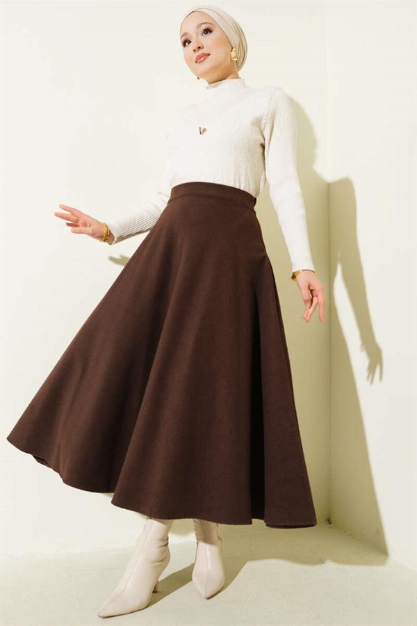 Elastic Waist Flared Cashmere Skirt Brown