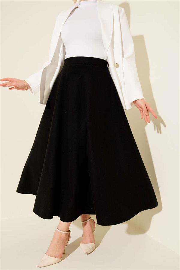 Elastic Waist Flared Cashmere Skirt Black