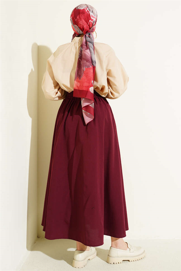 Burgundy Flared Poplin Skirt with Elastic Waistband