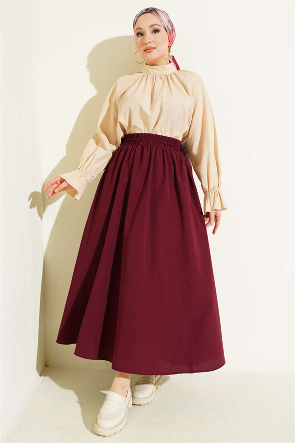 Burgundy Flared Poplin Skirt with Elastic Waistband