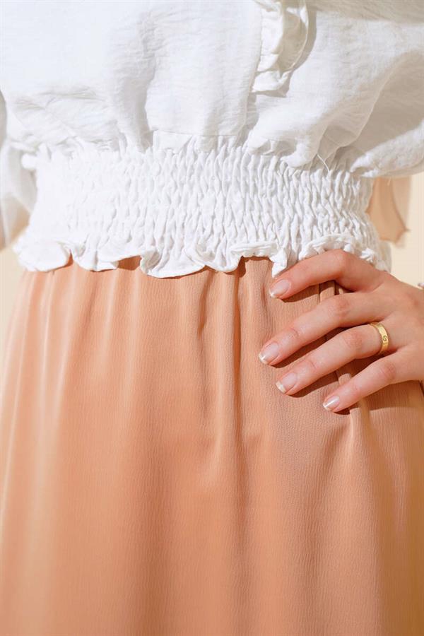Elastic Waist Flared Satin Skirt Latte