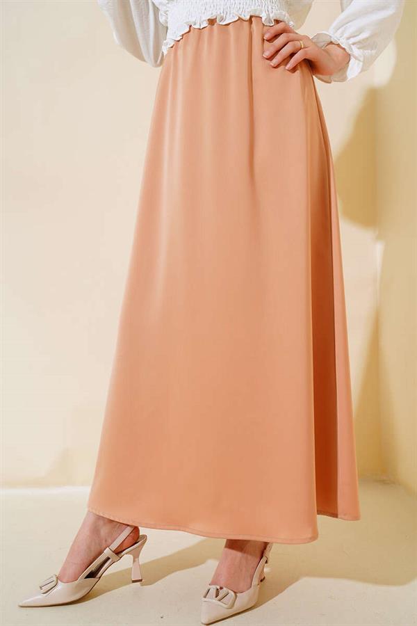 Elastic Waist Flared Satin Skirt Latte