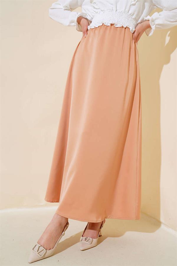 Elastic Waist Flared Satin Skirt Latte