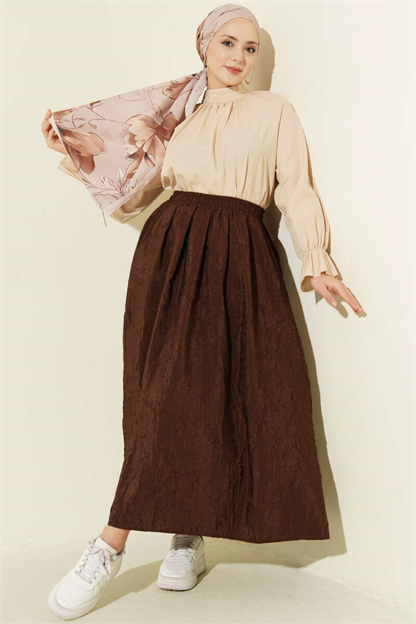 Elastic Waist Flared Skirt with Pockets, Brown