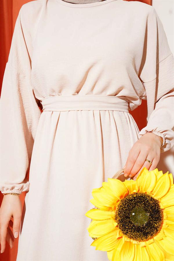 Elastic Waist Belted Aerobin Dress Beige