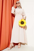 Elastic Waist Belted Aerobin Dress Beige
