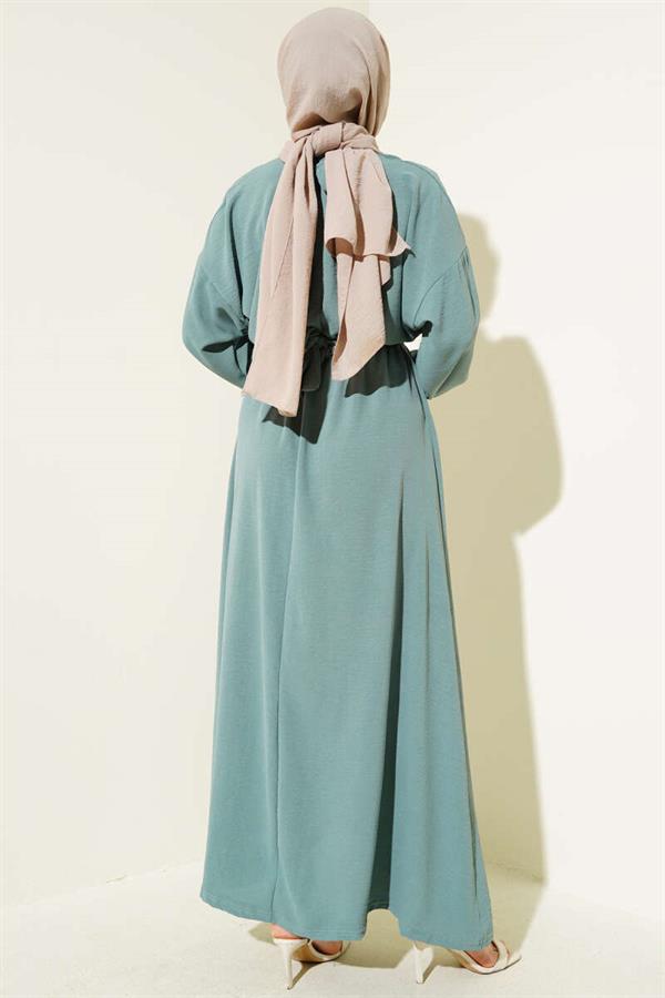 Elastic Waist Belted Aerobin Dress in Almond Green