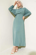 Elastic Waist Belted Aerobin Dress in Almond Green
