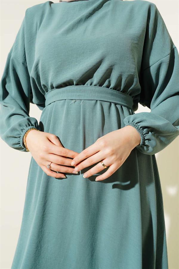 Elastic Waist Belted Aerobin Dress in Almond Green