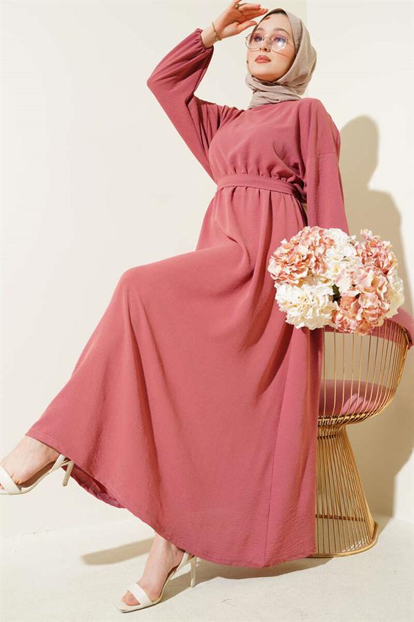 Elastic Waist Belted Aerobin Dress Dusty Rose