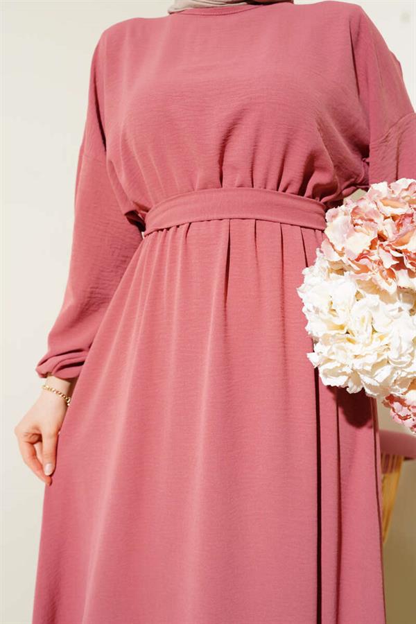 Elastic Waist Belted Aerobin Dress Dusty Rose