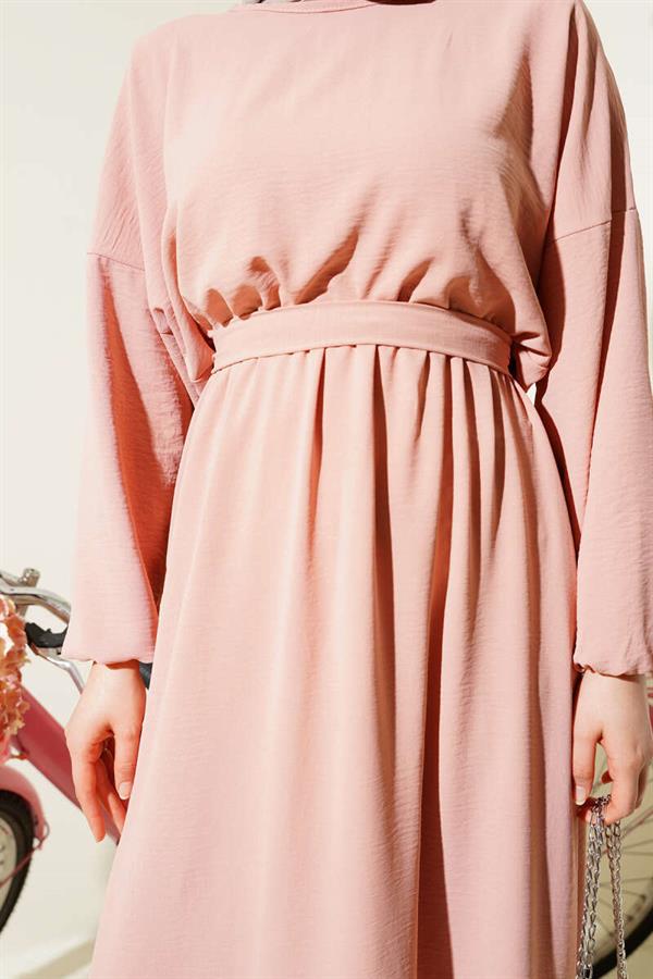 Elastic Waist Belted Aerobin Dress Powder