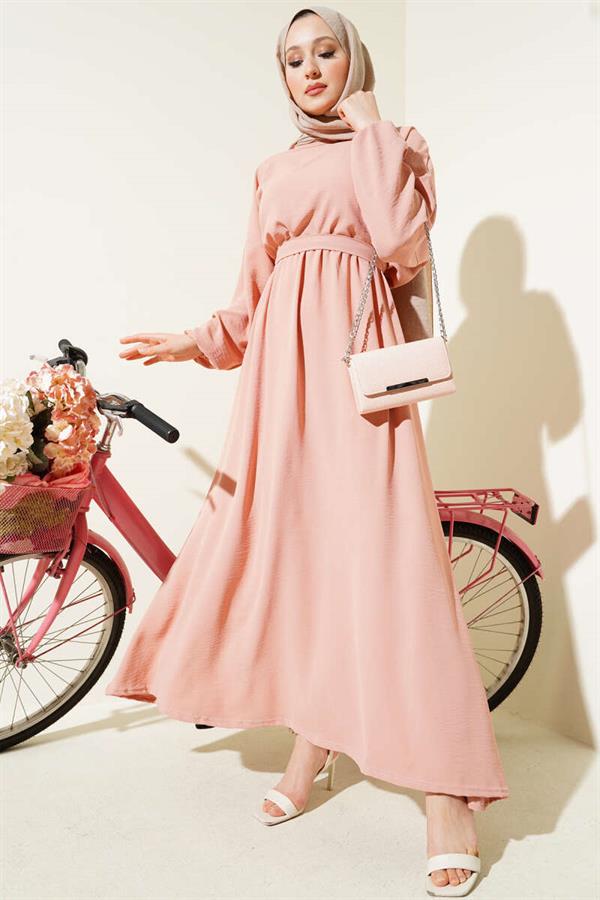 Elastic Waist Belted Aerobin Dress Powder