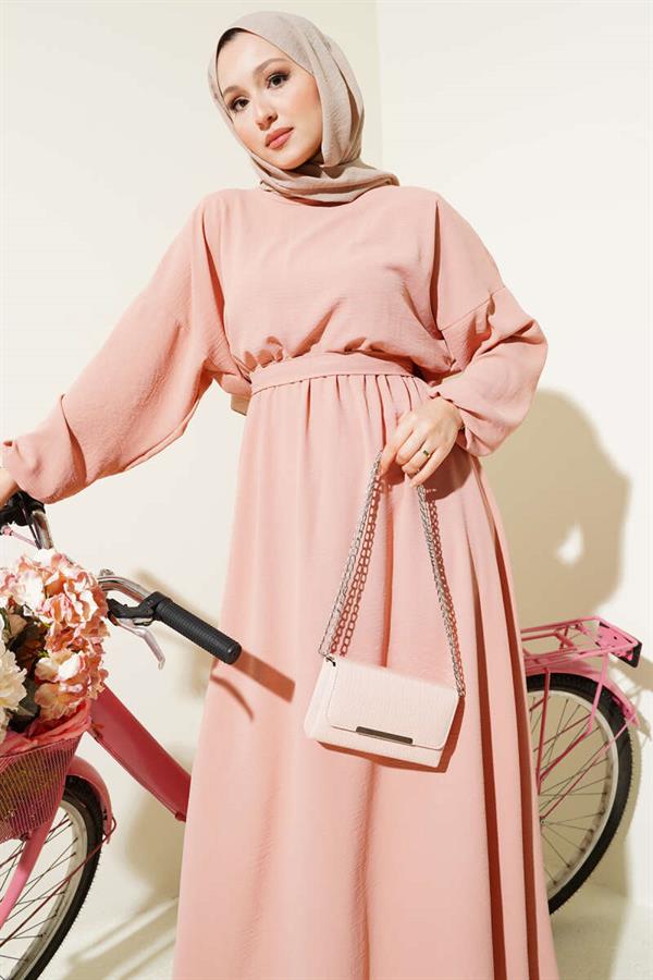 Elastic Waist Belted Aerobin Dress Powder