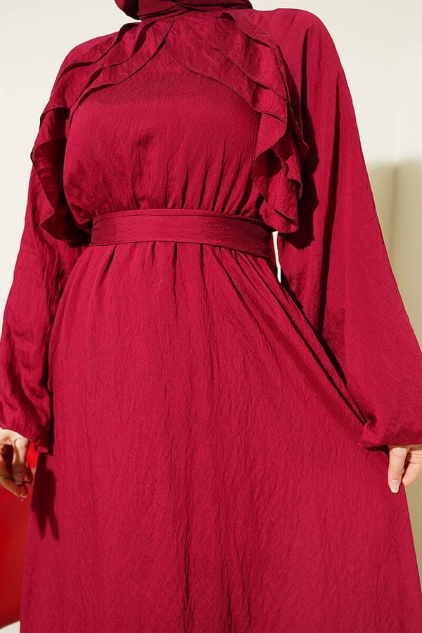 Burgundy Dress with Elastic Waistband and Ruffles