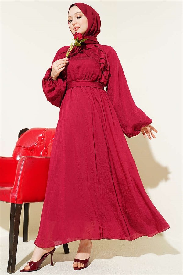 Burgundy Dress with Elastic Waistband and Ruffles