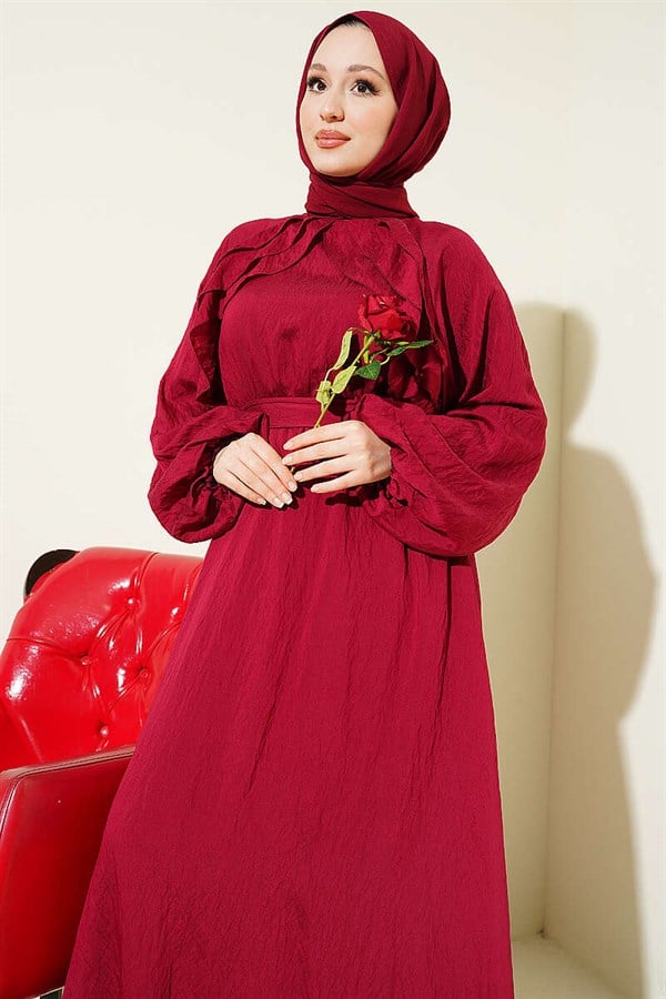 Burgundy Dress with Elastic Waistband and Ruffles