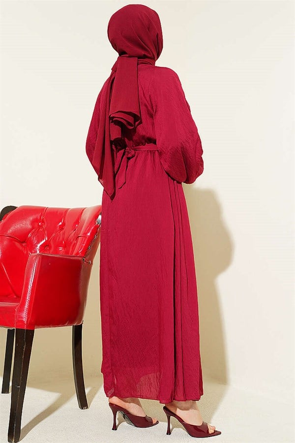 Burgundy Dress with Elastic Waistband and Ruffles