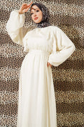 Elastic Waist Belted Ruffled Dress, Ecru