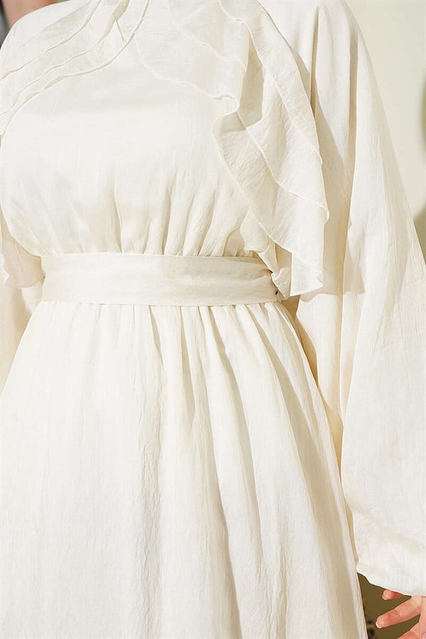 Elastic Waist Belted Ruffled Dress, Ecru
