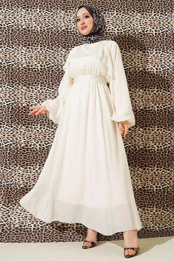 Elastic Waist Belted Ruffled Dress, Ecru