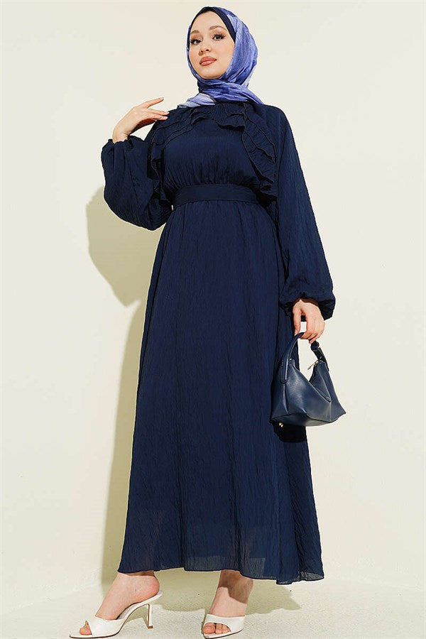 Navy Blue Ruffled Dress with Elastic Waistband and Belt