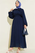 Navy Blue Ruffled Dress with Elastic Waistband and Belt
