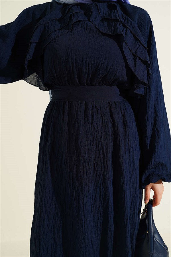Navy Blue Ruffled Dress with Elastic Waistband and Belt