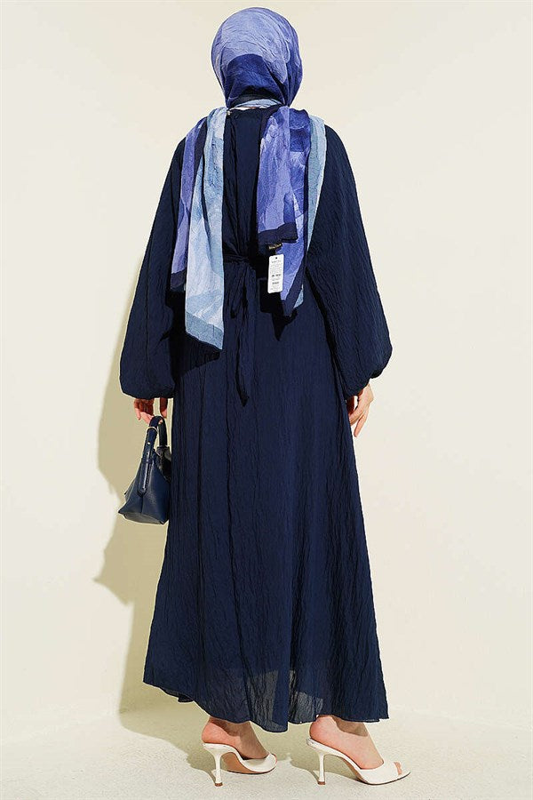 Navy Blue Ruffled Dress with Elastic Waistband and Belt