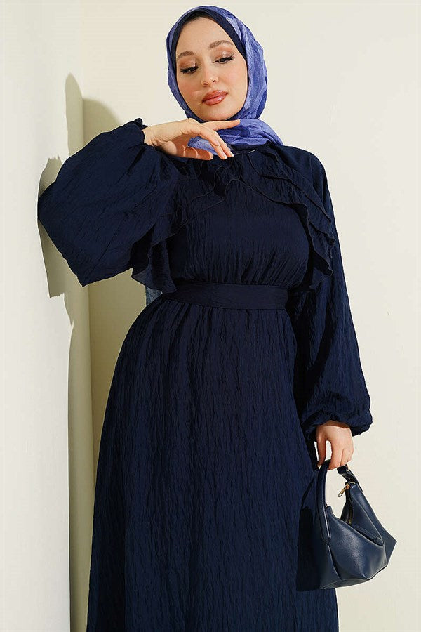 Navy Blue Ruffled Dress with Elastic Waistband and Belt