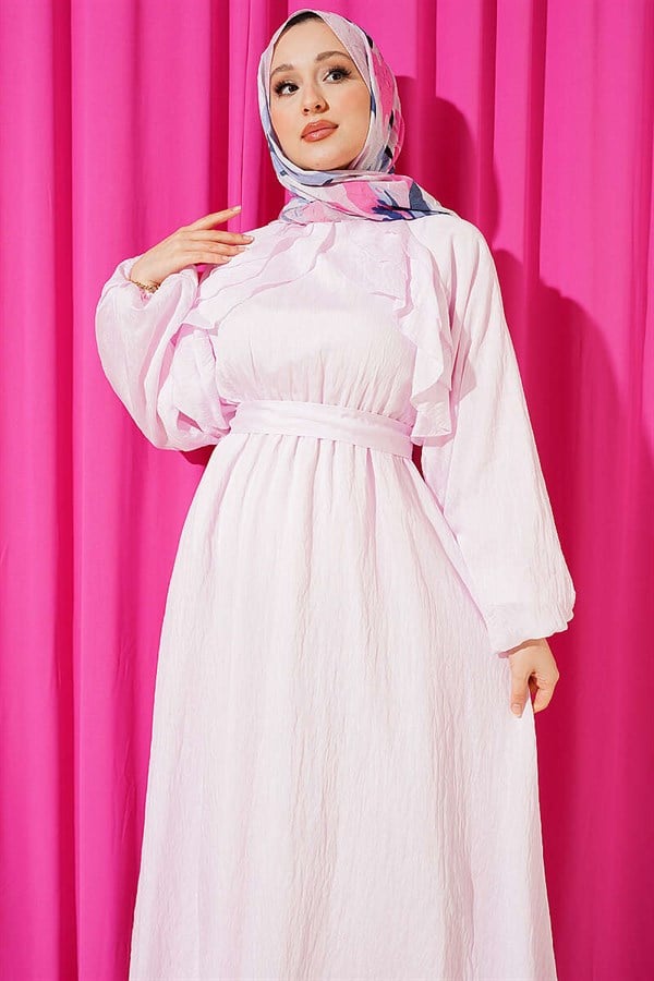 Pink Dress with Elastic Waistband and Ruffles