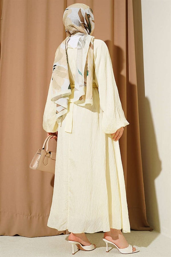 Yellow Ruffled Dress with Elastic Waistband and Belt